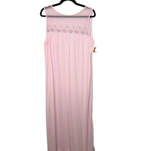 Vintage Gilead Pink Nylon Nightgown Long Gown Floral Embroidery Size L USA Made